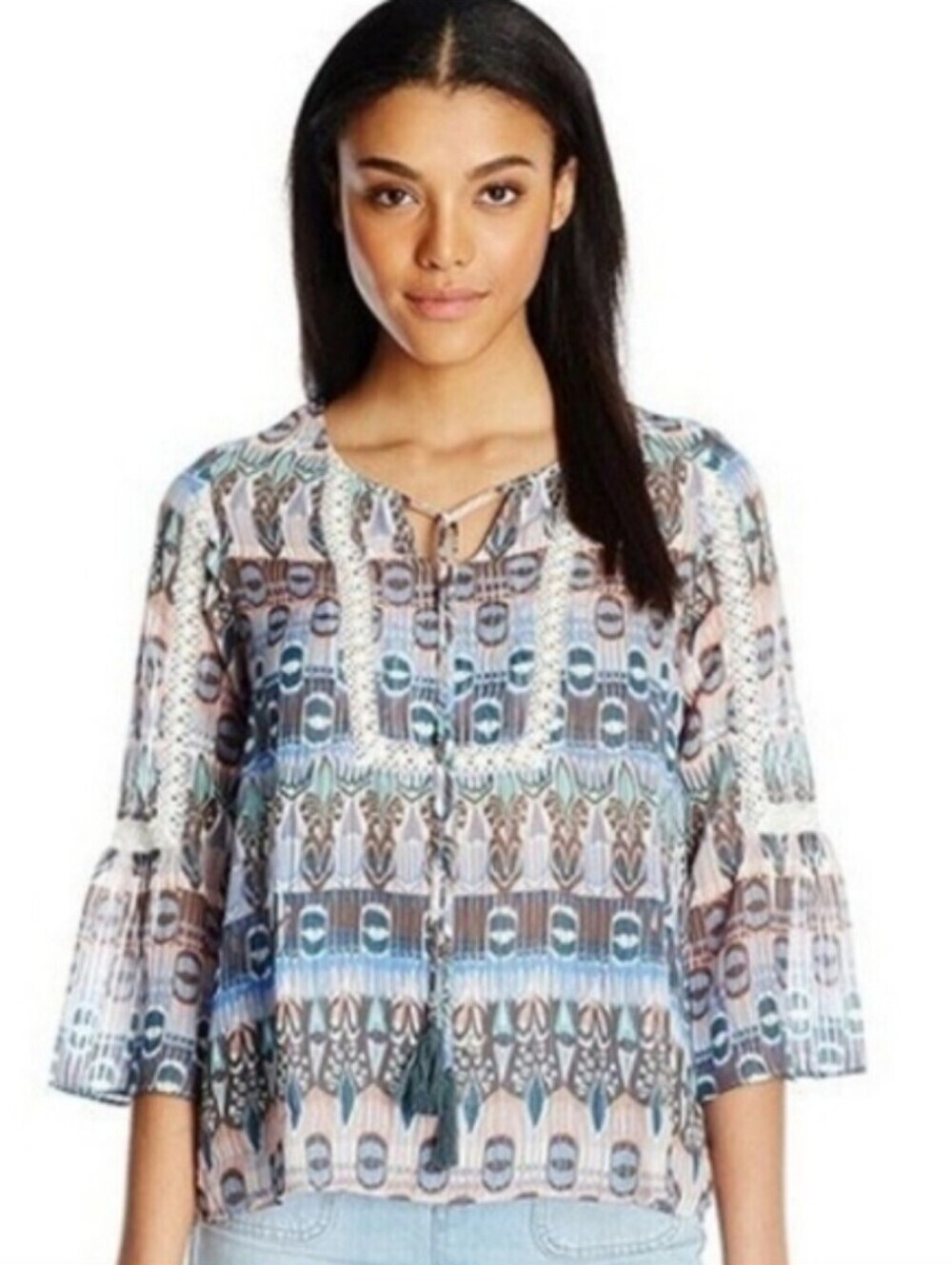 Jessica Simpson Tabitha Boho Peasant Tunic Lace Trim Tassle Tie Top Size Small